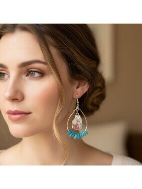 Bavaria Franklin 4177 Rose China Earrings - Genuine Turquoise Accents Handmade